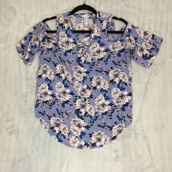 Warehouse One Cold Shoulder Floral Blouse Small Half Sleeve Violet Blue Popover - Picture 3 of 9